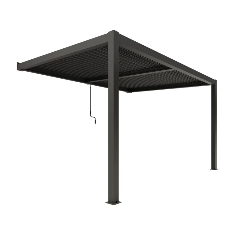 XIMAX pergola 3x4m, falra szerelhető alumínium pergola, antracit színben, lamellás tető, manuális működtetés,  Deluxe Building 01