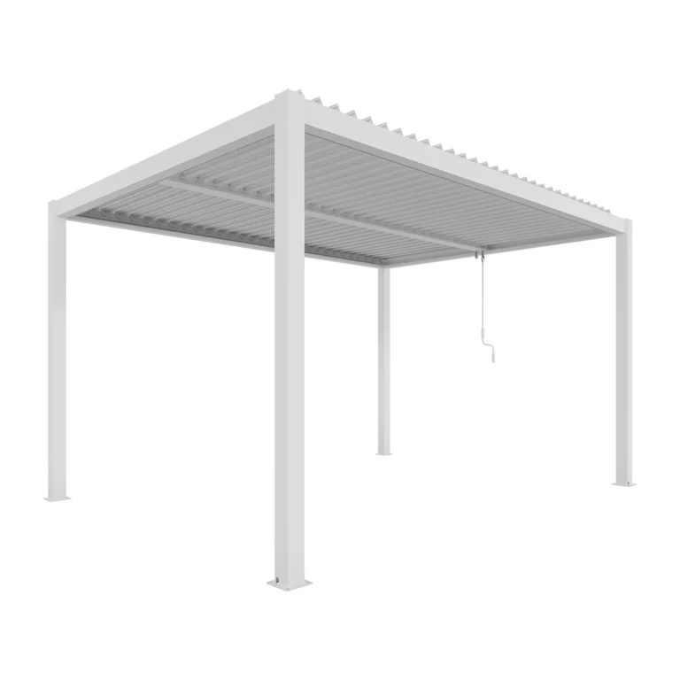 XIMAX pergola 3x4m, szabadon álló alumínium pergola, fehér színben, lamellás tető, manuális működtetés, LED világítás, Deluxe Building 01