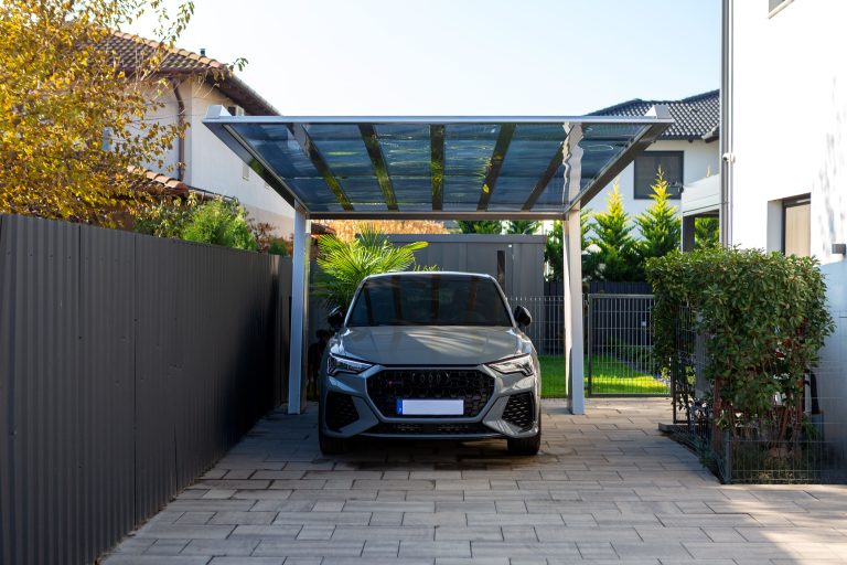 Ximax Myport szimpla beálló, alumínium autóbeálló, kész kocsibeálló, rozsdamentes acél szín, Deluxe Building 03