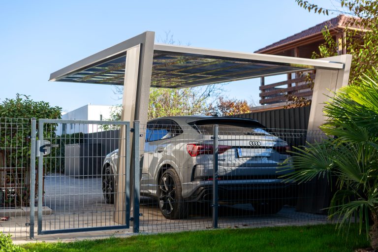 Ximax Myport szimpla beálló, alumínium autóbeálló, kész kocsibeálló, rozsdamentes acél szín, Deluxe Building 04