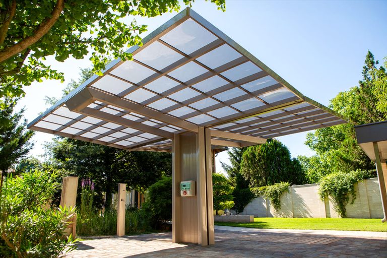 Ximax Neo dupla Y, kész kocsibeálló, alumínium autóbeálló, két beállásos, Deluxe Building, 01