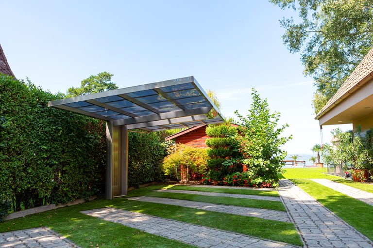 Ximax Neo szimpla, kész kocsibeálló, alumínium autóbeálló, rozsdamentes acél szín, Deluxe Building 01