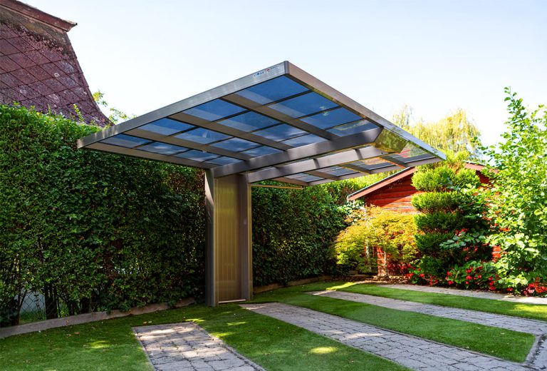 Ximax Neo szimpla, kész kocsibeálló, alumínium autóbeálló, rozsdamentes acél szín, Deluxe Building 02