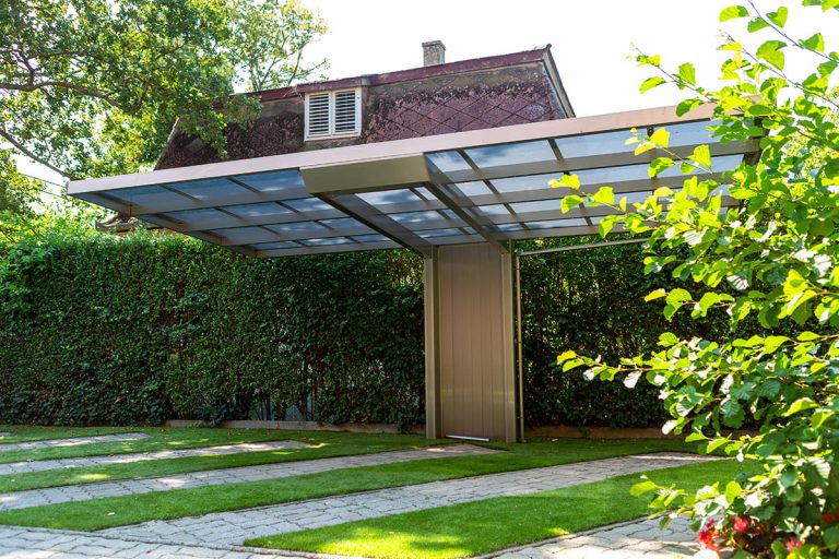 Ximax Neo szimpla, kész kocsibeálló, alumínium autóbeálló, rozsdamentes acél szín, Deluxe Building 03