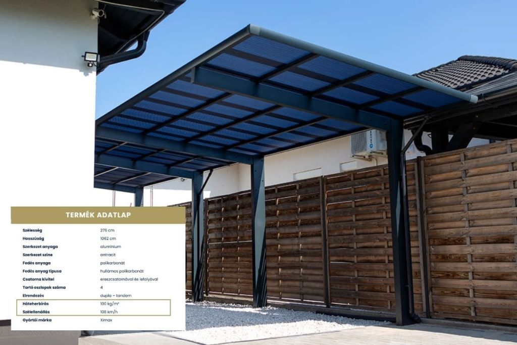 Ximax Wing dupla, tandem, kész kocsibeálló, alumínium autóbeálló, előregyártott kocsibeálló, műszaki adatok, Deluxe Building